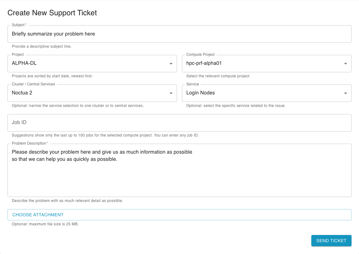 Filled support ticket form