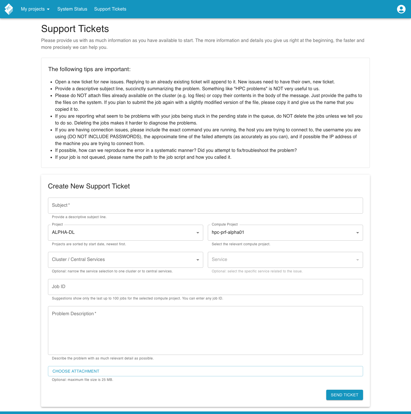 Support tickets page