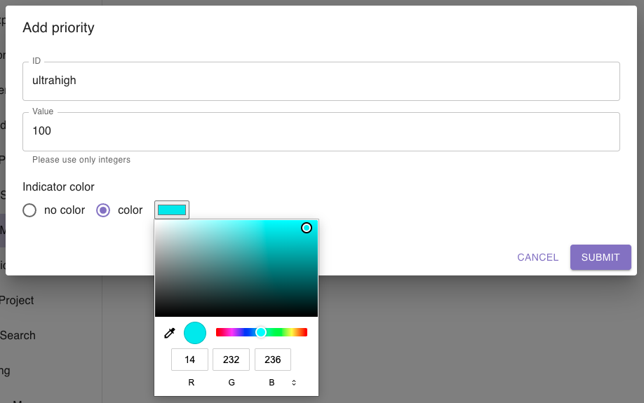 Priority Manager add new priority popup