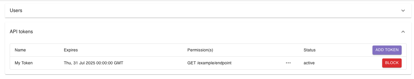 Screenshot of token list