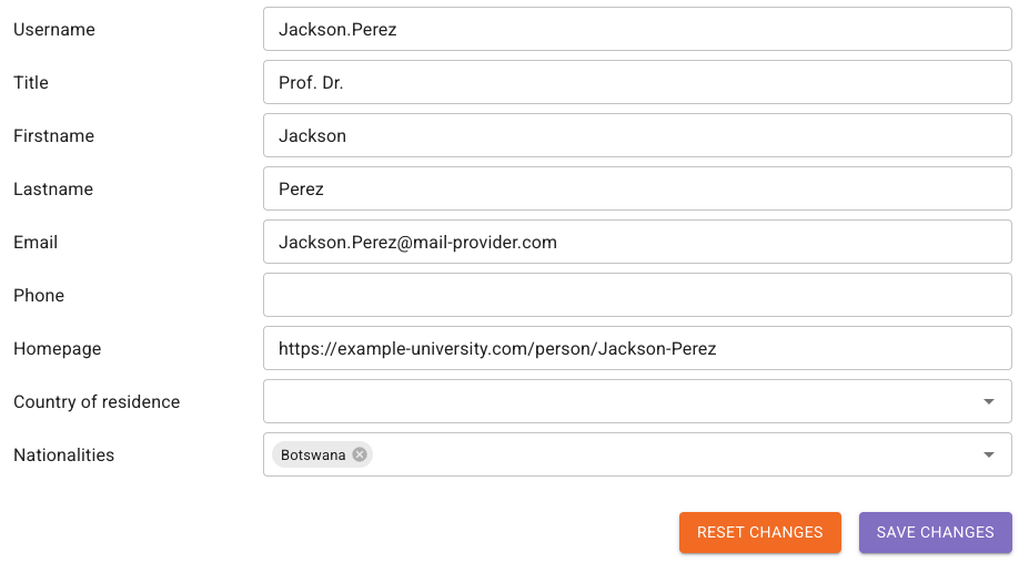 View of editing personal information