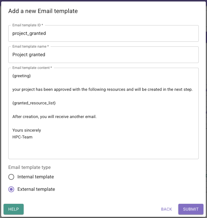 Screenshot of an email template