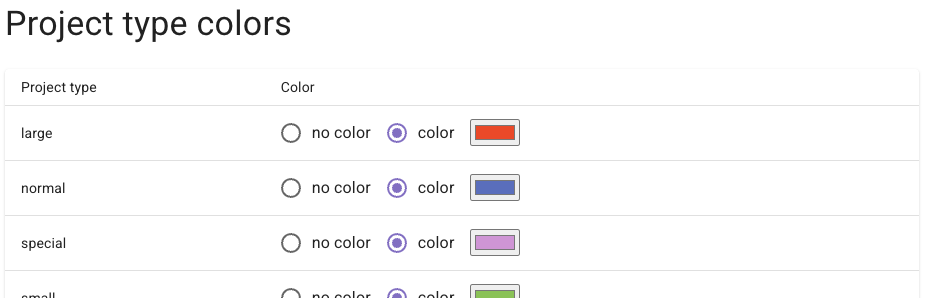 Frontend configuration - Project type colors