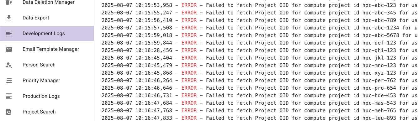 Screenshot of development logs