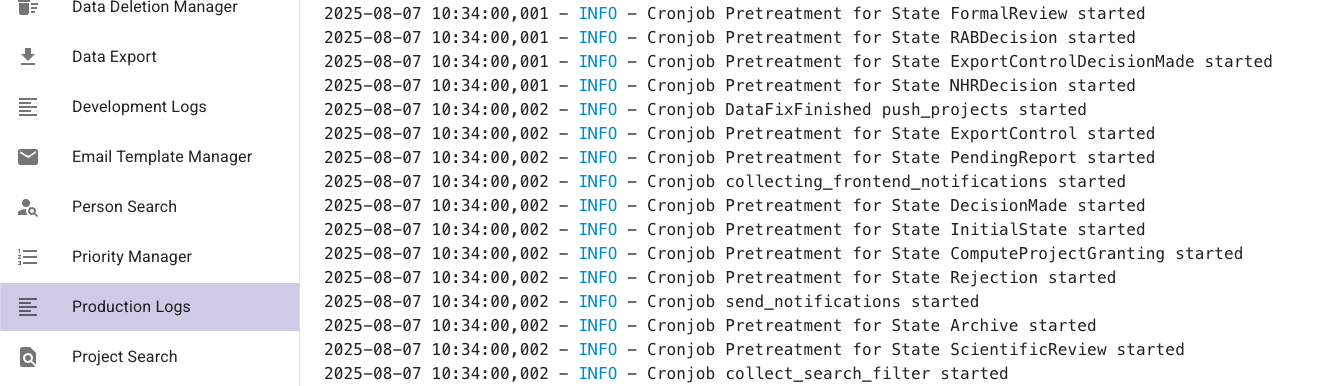 Screenshot of production logs