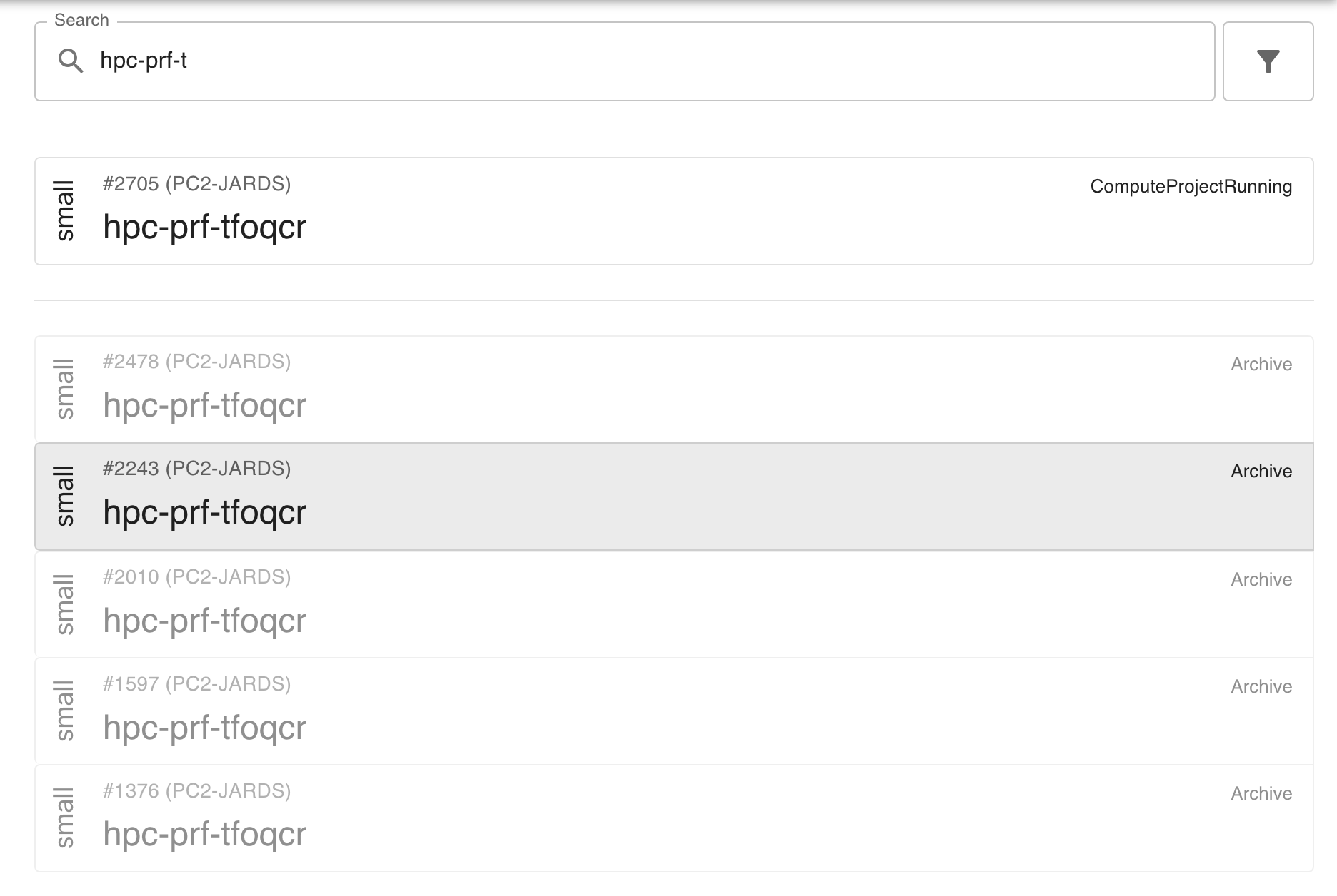 Project search results
