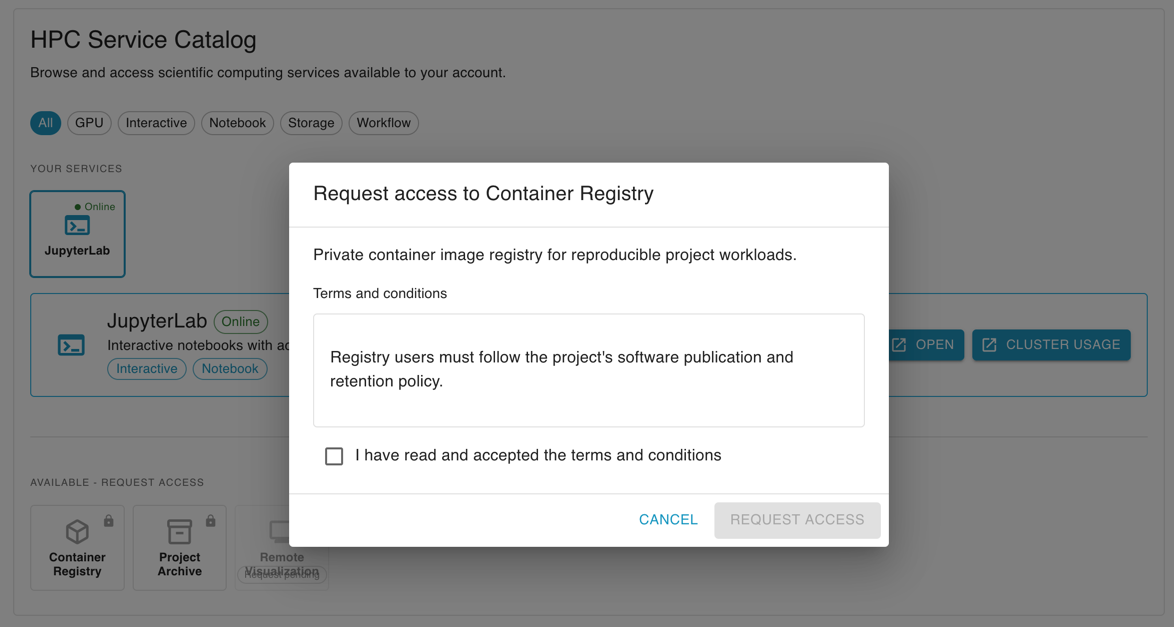 Request access dialog for a service