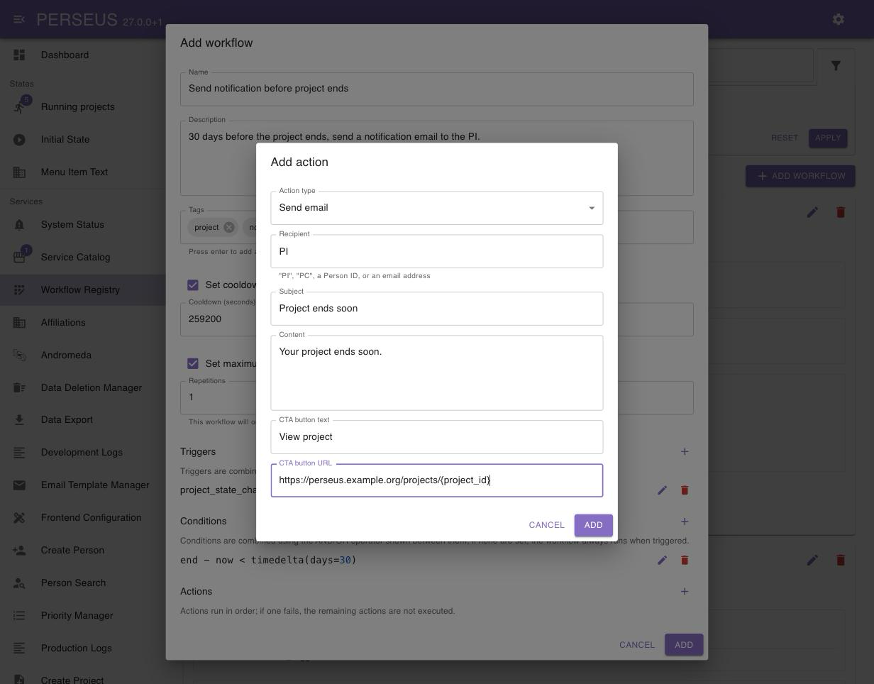 Add action dialog for a send email action