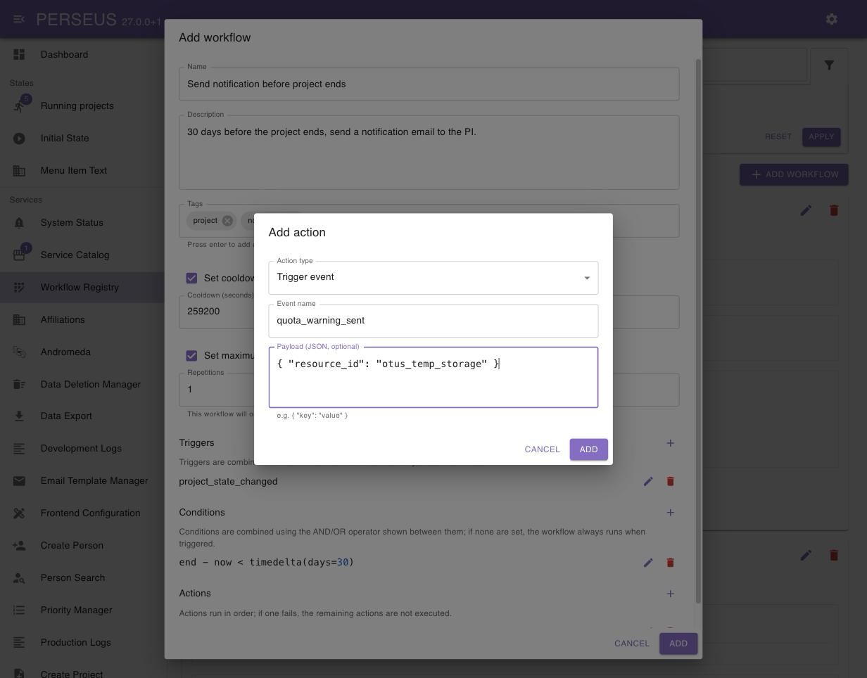 Add action dialog for a trigger event action