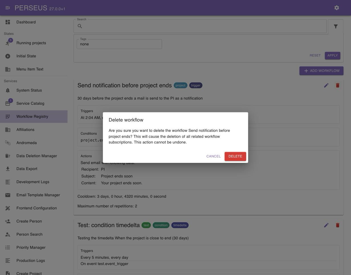 Delete workflow confirmation dialog