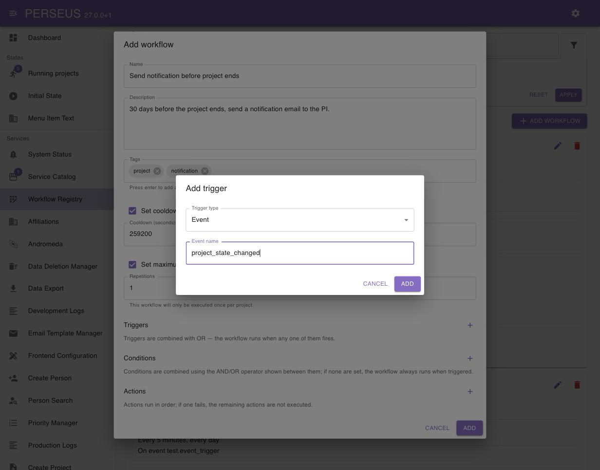 Add trigger dialog for an event-based trigger