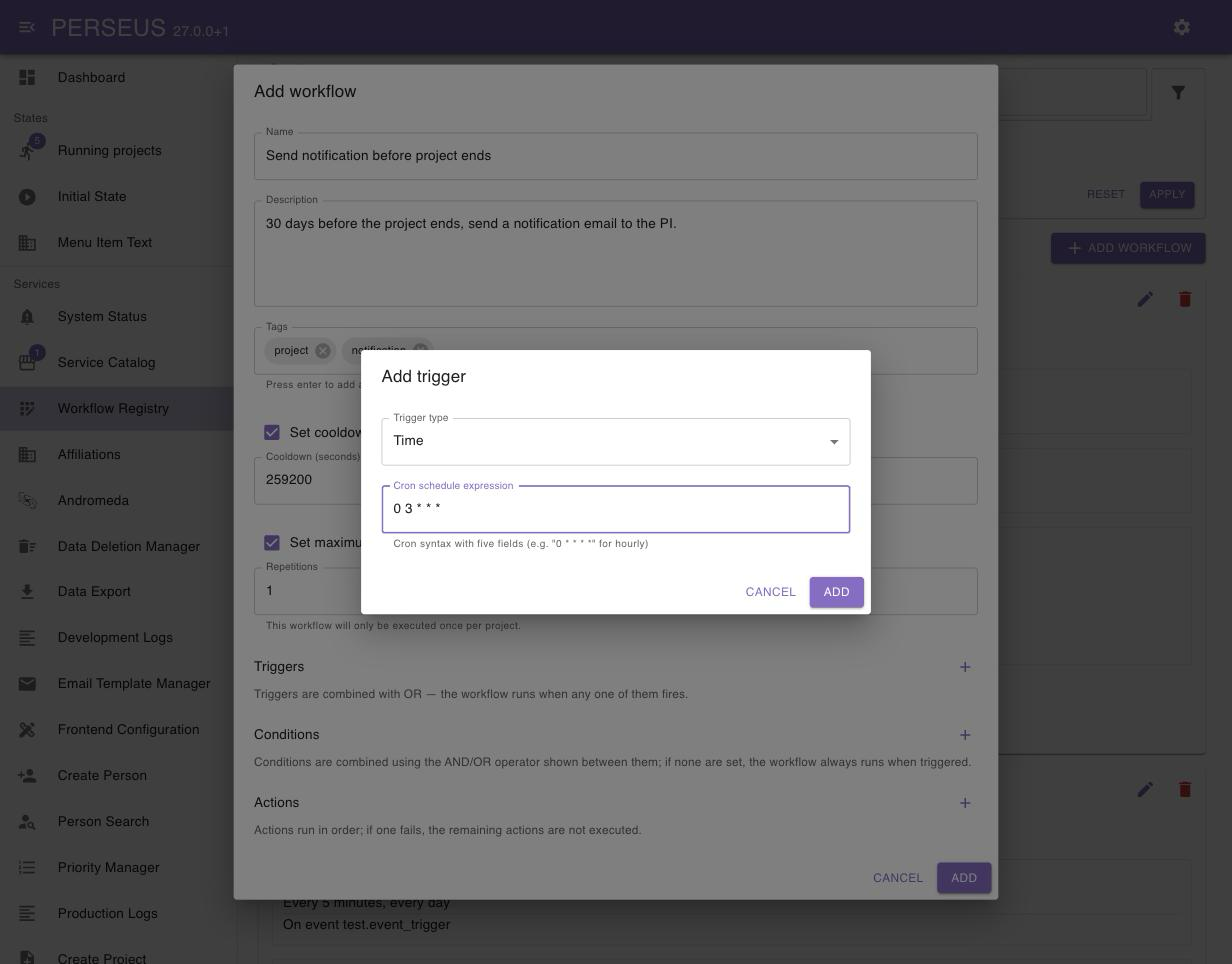Add trigger dialog for a time-based trigger